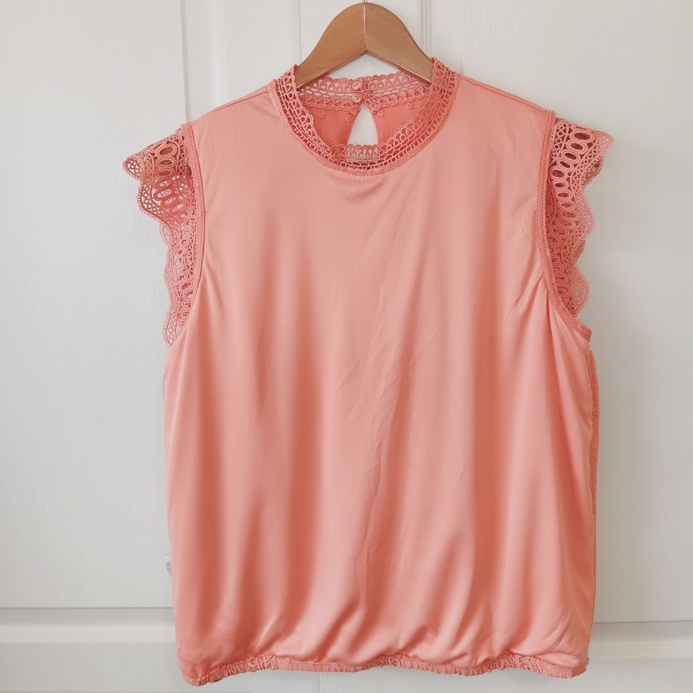 Calligraphie Women's Coral Swiss Dot Lace Trim High Neck Sleeveless Top Size L - Picture 7 of 15